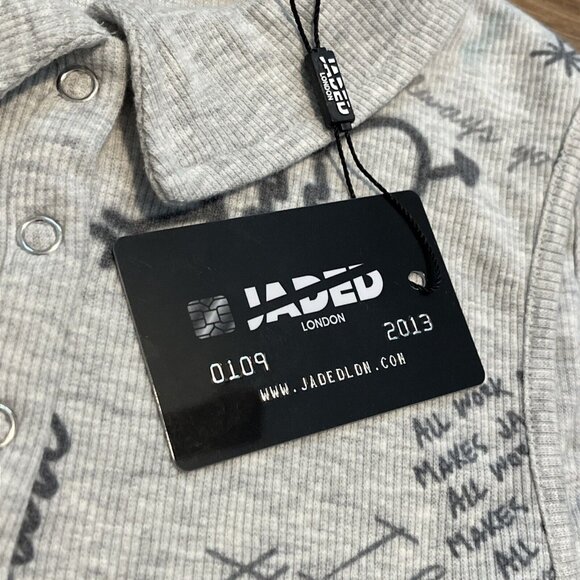 Jaded London Doodle Graffiti Rib Halter Top SZ 8 Gray Crop Collared Stretch Tank - Picture 2 of 7